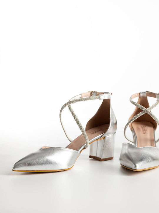 Synthetic Leather Pointed Toe Silver Medium Heels with Strap