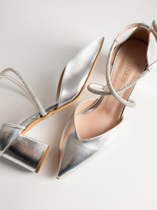 Synthetic Leather Pointed Toe Silver Medium Heels with Strap