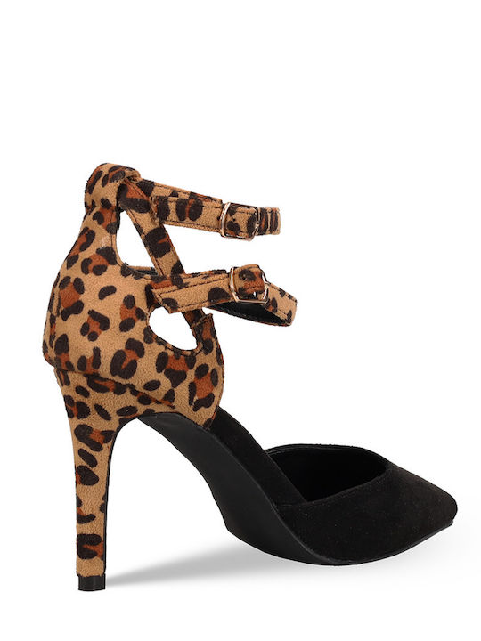Pointed Toe Black Heels with Strap Animal Print