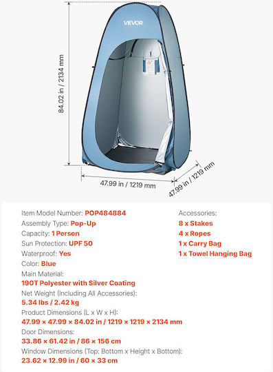 Vevor Σκηνή Camping Pop Up Τουαλέτας Μπλε 3 Εποχών 122x122x213εκ.