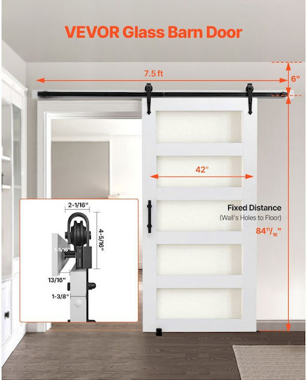 Schiebetür Scheune Vevor 1067 x 2134 mm Hochbelastbares MDF Glas Tür Scheune Set Zubehör Wasserdichte Oberfläche Pvc Einfache Installation Rahmen H Glatte Leise Schiebetür Wohnzimmer