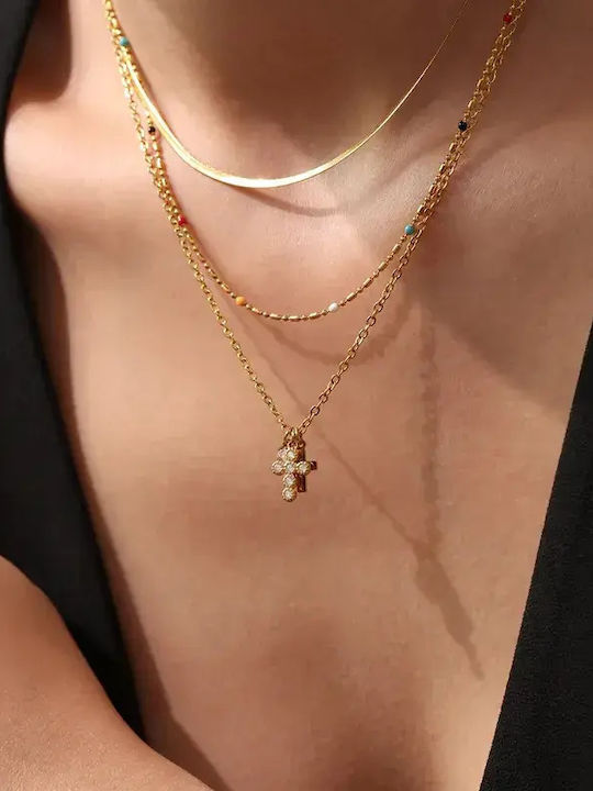 Necklace Double from Gold Plated Steel with Diamond & Zircon