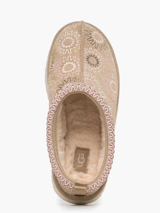 Leather Winter Women's Slippers Beige