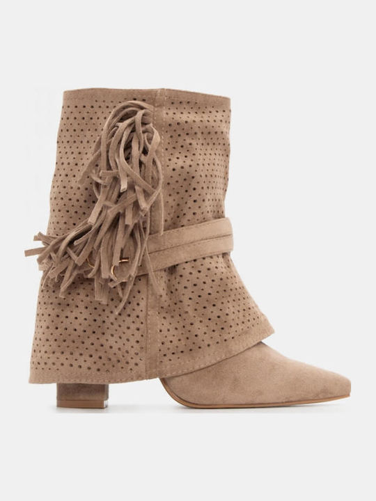 Suede Women's Cowboy Boots with High Heel Beige
