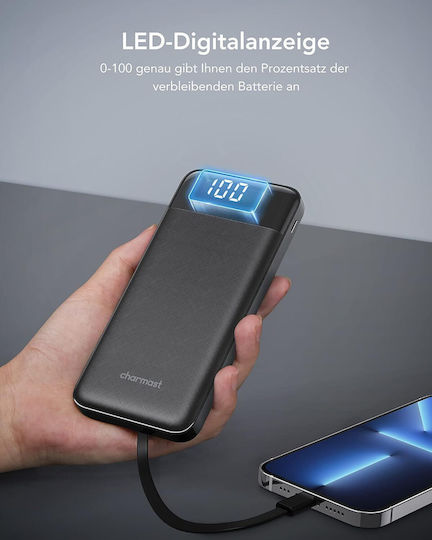 Charmast W1148 Power Bank 10000mAh 20W with 2 USB-A Ports and USB-C Power Delivery Port Black