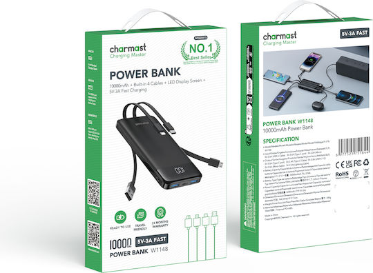 Charmast W1148 Power Bank 10000mAh 20W with 2 USB-A Ports and USB-C Power Delivery Port Black