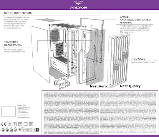 Preyon Nest Aero Gaming Full Tower Κουτί Υπολογιστή με Πλαϊνό Παράθυρο και ARGB Φωτισμό Μαύρο
