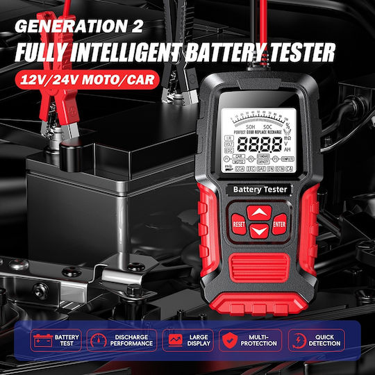Foxsur Fbt-300 Tester Inteligent de Baterii 12v/24v Mașini Motociclete Ecran Lcd 2.7" Compatibil Vrla Gel Agm Efb Std Baterii Negru Roșu