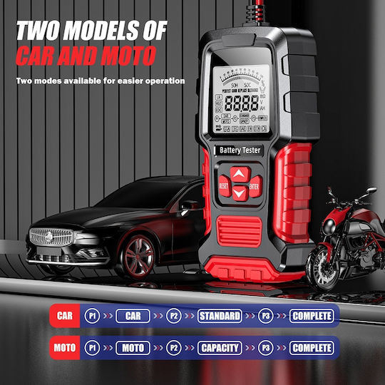 Foxsur Fbt-300 Tester Inteligent de Baterii 12v/24v Mașini Motociclete Ecran Lcd 2.7" Compatibil Vrla Gel Agm Efb Std Baterii Negru Roșu