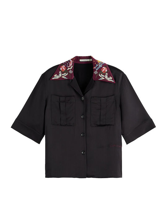 Women's Floral Short Sleeve Shirt Black