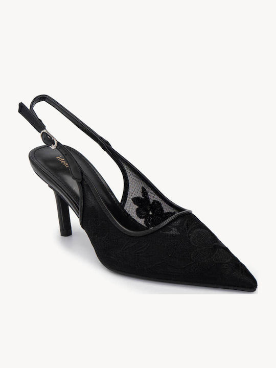 Pantofi Cu Toc Negri Slingback Din Tul Brodat