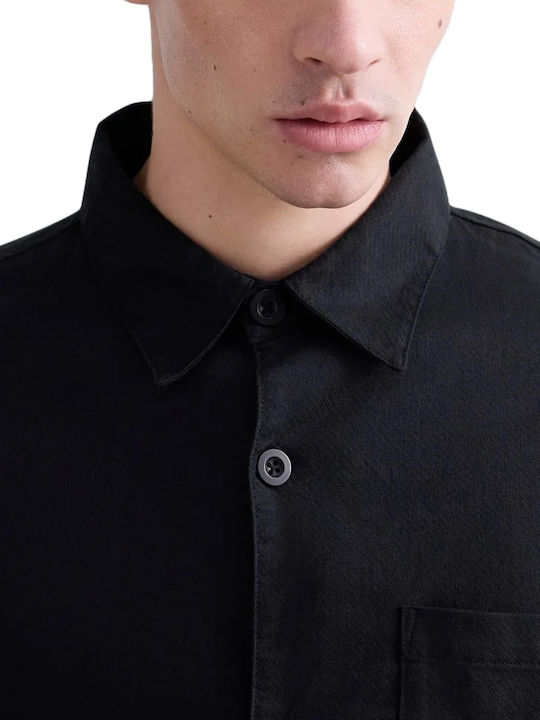 Μακρυμάνικo Λινό Overshirt σε Κανονική Γραμμή Μαυρο