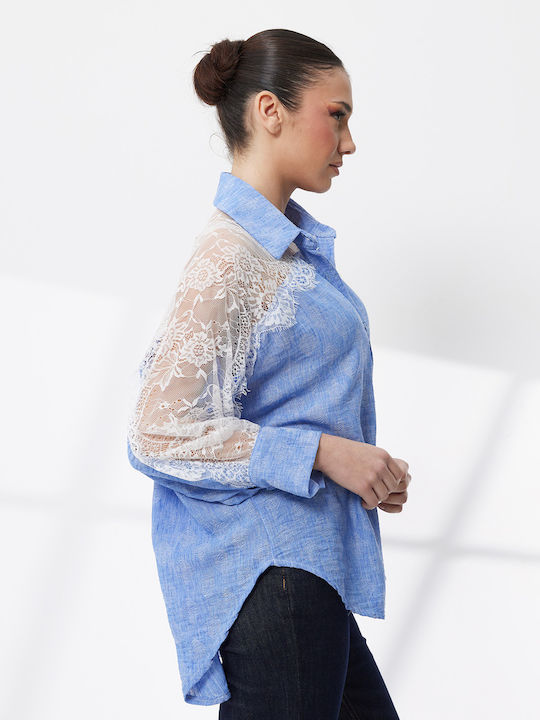 Langärmelig Damen Denim Hemd Hellblau