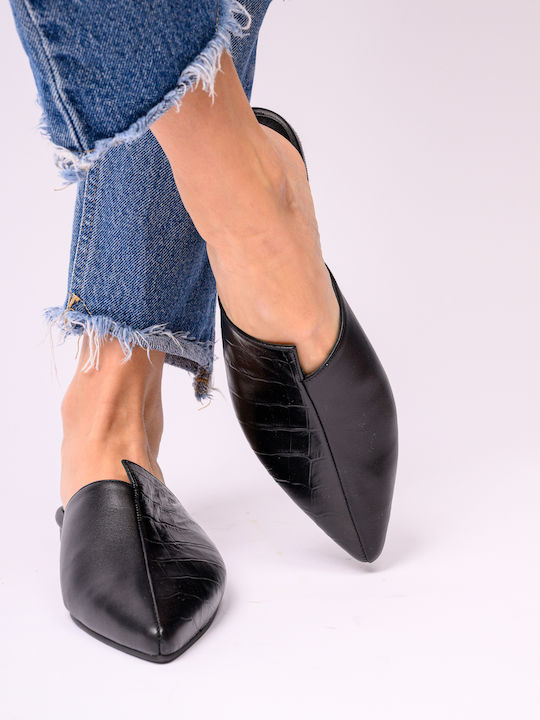 Flat Δερμάτινα Mules σε Μαύρο Χρώμα
