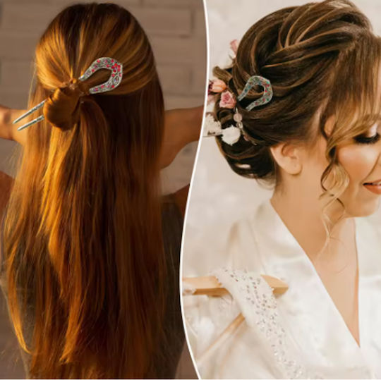 Hair Pin U-Shape Chop Stick Vintage Gold Crystals Julia
