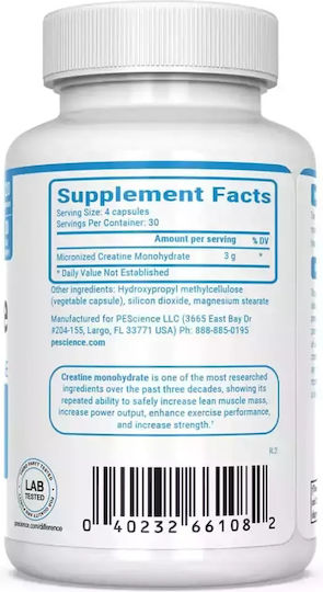 PEScience Trucreatine Μικρονισμένη Μονοϋδρική Κρεατίνη 750mg 120 κάψουλες