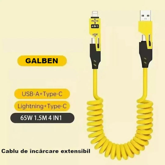 4 In 1 Data Cable Fast Charging Usb Lightning Type-c Flexible Compact 1.5m Yellow Abyz