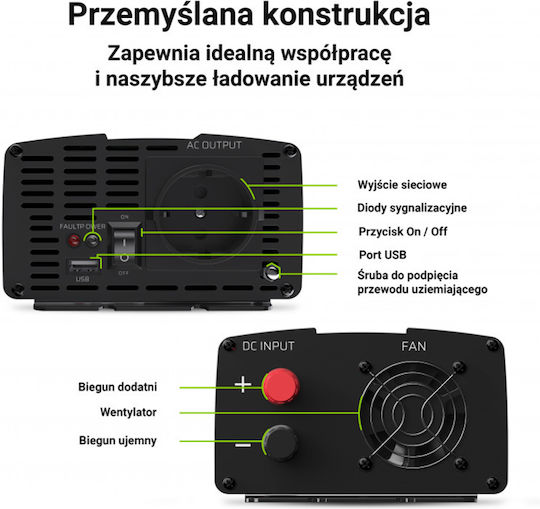 Green Cell Инвертор за кола Чиста синусоидална вълна 1000W за преобразуване на 24V DC в 230V AC с 1xUSB