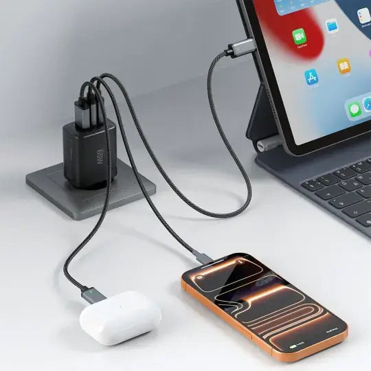 Tech-Protect Зарядно без кабел GaN с USB-A порт и 2 USB-C порта 65W Power Delivery / Quick Charge 3.0 Черен (NCA65W)
