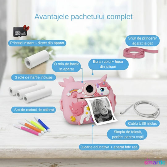 Smartic Cameră Pentru Copii Hd 1080p Rezoluție Baterie 1100mah Ecran 2.4 Inch Card Memorie 32 Gb Funcție Imprimare Instant 4 Jocuri 4 Role Imprimare Mp3 Mod Selfie 6 Markere