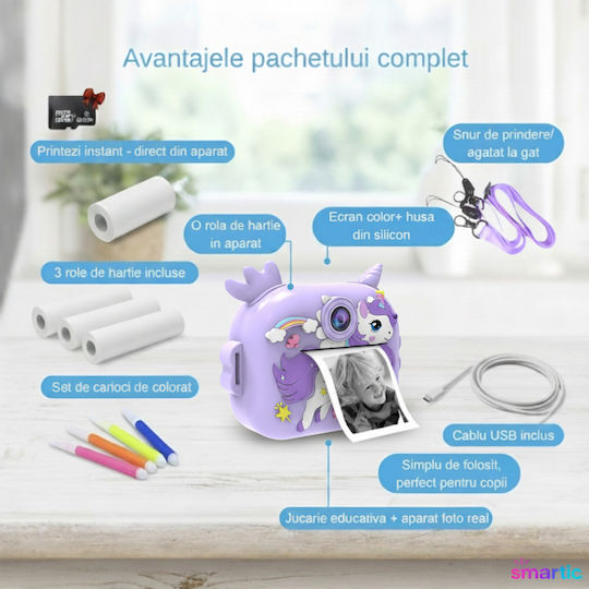 Cameră Pentru Copii Smartic Hd 1080p Rezoluție Baterie 1100mah Ecran 2.4 Inch Card Memorie 32 Gb Funcție Imprimare Instantanee 4 Jocuri 4 Role de Imprimare Mp3 Mod Selfie 6 Markere