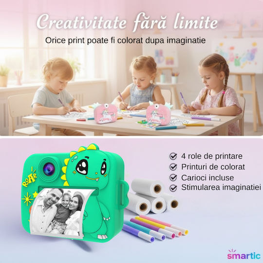 Smartic Cameră Pentru Copii Hd 1080p Rezoluție Baterie 1100mah Ecran 2.4 Inch Card Memorie 32 Gb Funcție Imprimare Instant 4 Jocuri 4 Role Imprimare Mp3 Mod Selfie 6 Markere