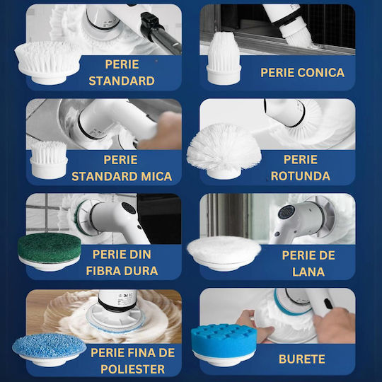 Perie Electrică Rotativă Curățare Eficientă Inco Multifuncțională Fără Fir Mâner Extensibil Afișaj Digital Lcd 9 Capete Diferite Suprafețe Diverse 3 Viteze Reglabile Usb Tip-c Baterie Reîncărcabilă 2500mah Baterie Albă