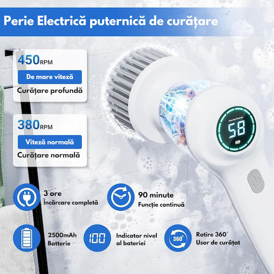 Perie Electrică Rotativă Curățare Eficientă Fără Efort Inco Multifuncțională Fără Fir Mâner Fix Afișaj Digital Lcd 7 Capete Diferite Suprafețe Variate 2 Viteze Reglabile Usb Tip-c Baterie Reîncărcabilă 2500mah Viteză 450 Rpm Albă