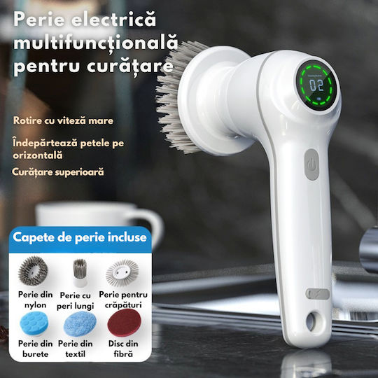 Perie Electrică Rotativă Curățare Eficientă Fără Efort Inco Multifuncțională Fără Fir Mâner Fix Afișaj Digital Lcd 7 Capete Diferite Suprafețe Variate 2 Viteze Reglabile Usb Tip-c Baterie Reîncărcabilă 2500mah Viteză 450 Rpm Albă