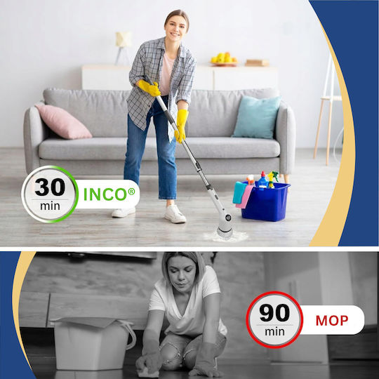 Perie Electrică Rotativă Curățare Eficientă Inco Multifuncțională Fără Fir Mâner Extensibil Afișaj Digital Lcd 9 Capete Diferite Suprafețe Diverse 3 Viteze Reglabile Usb Tip-c Baterie Reîncărcabilă 2500mah Baterie Albă
