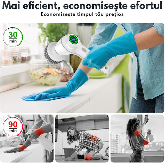 Perie Electrică Rotativă Curățare Eficientă Fără Efort Inco Multifuncțională Fără Fir Mâner Fix Afișaj Digital Lcd 7 Capete Diferite Suprafețe Variate 2 Viteze Reglabile Usb Tip-c Baterie Reîncărcabilă 2500mah Viteză 450 Rpm Albă