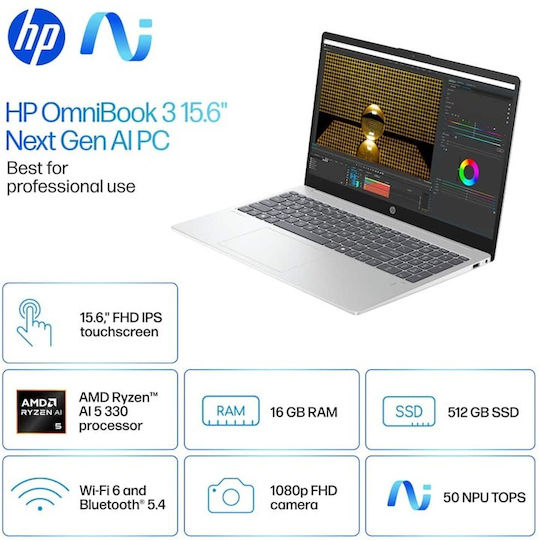 HP OmniBook 3 AI 15-fn0105dx 15.6" IPS FHD Touchscreen (Ryzen AI 300 Series-5 330/16GB/512GB SSD/W11 Home) (US Keyboard)
