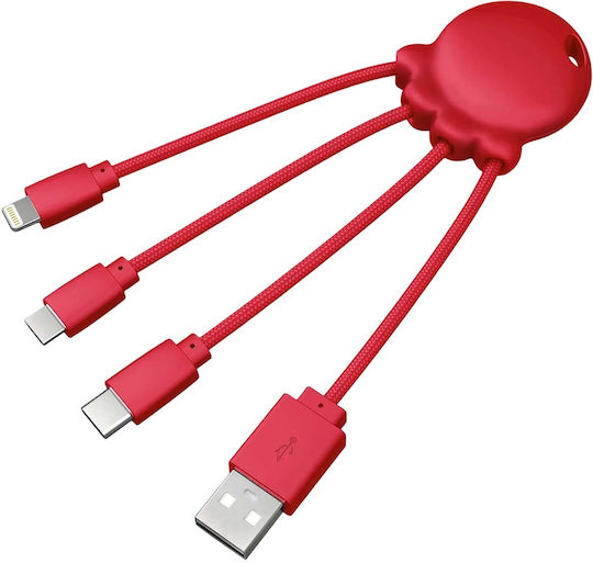 Xoopar Cablu Four-in-one Usb-a Micro-usb Usb-c Lightning Design Octopus Roșu
