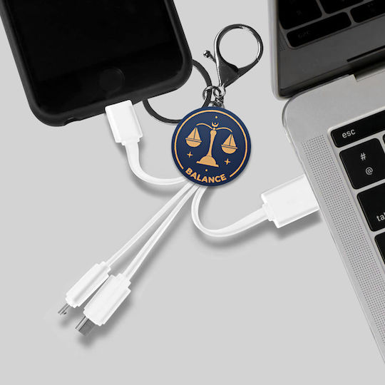 Yello Koko Cable Usb 3 In 1 Micro-usb Usb-c Lightning Design Astrology Libra Keyring White