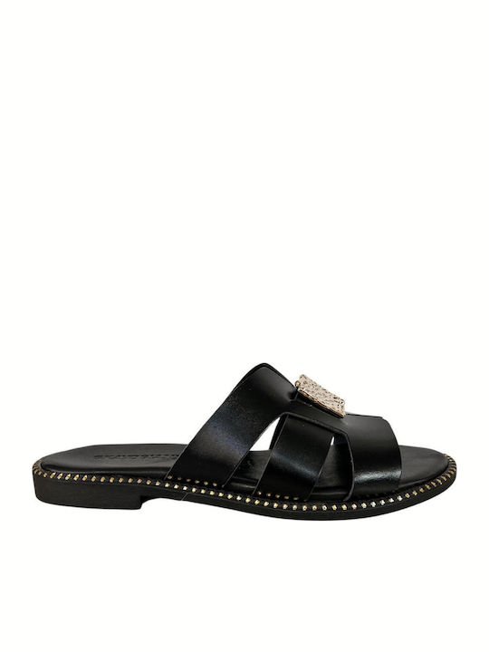 Leather Women's Flat Sandals in Black Color