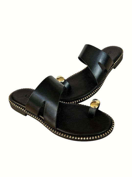 Leather Women's Flat Sandals in Black Color