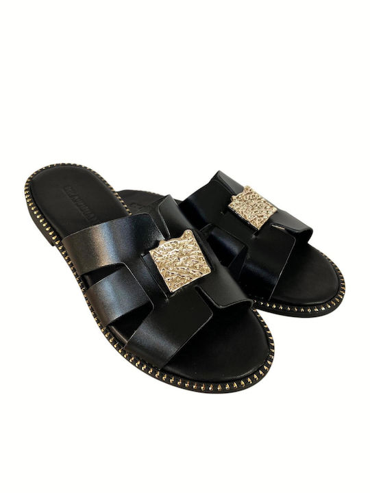 Leather Women's Flat Sandals in Black Color