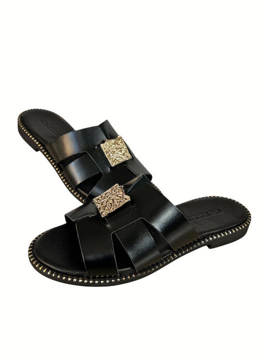 Leather Women's Flat Sandals in Black Color