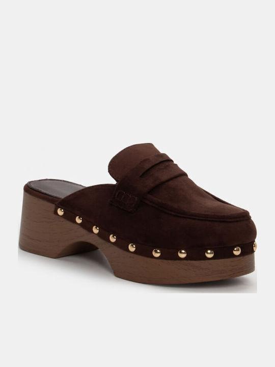 Suede Mules με Χαμηλό Τακούνι σε Καφέ Χρώμα