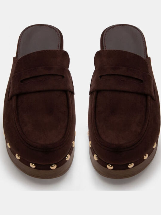 Suede Mules με Χαμηλό Τακούνι σε Καφέ Χρώμα