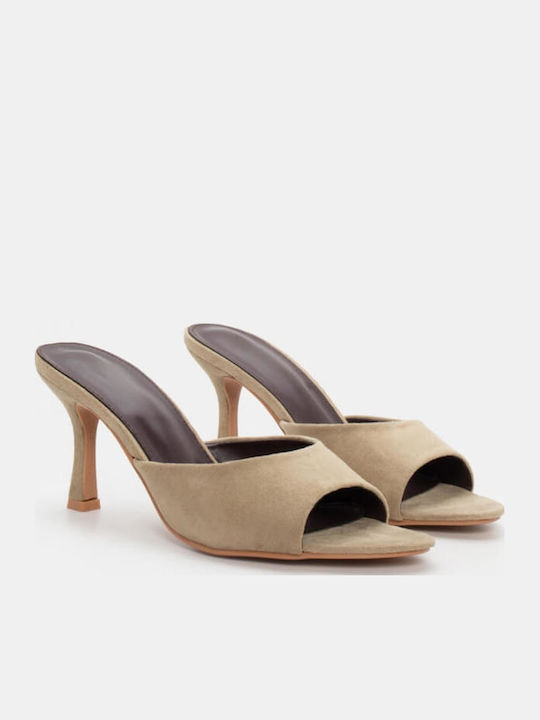 Suede Women's Mules with Thin High Heel in Turquoise Color