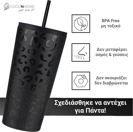 Cool'NMore Stainless Steel Thermos Glass BPA Free 500ml Black Leopard with Straw with 2 Lids