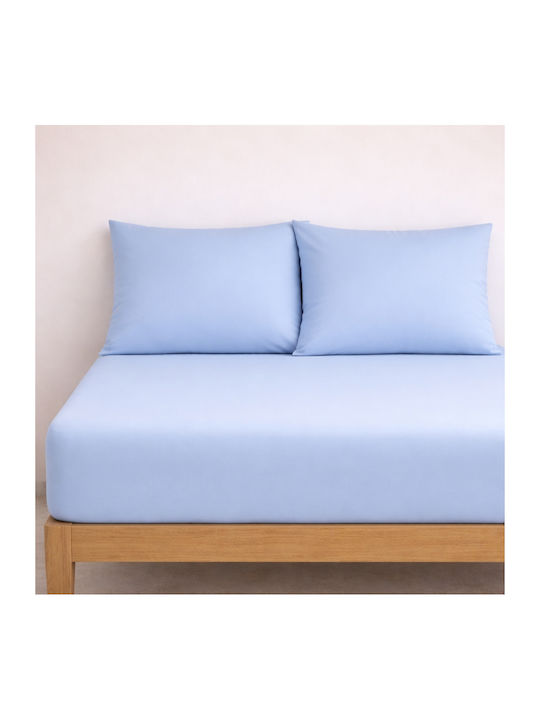 My Home Luxury Sheet Set with 2 Pillowcases Super-Double with Elastic 160x200+25cm. Monochrome Sky Blue 3pcs