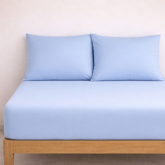 My Home Luxury Sheet Set with 2 Pillowcases Super-Double with Elastic 160x200+25cm. Monochrome Sky Blue 3pcs