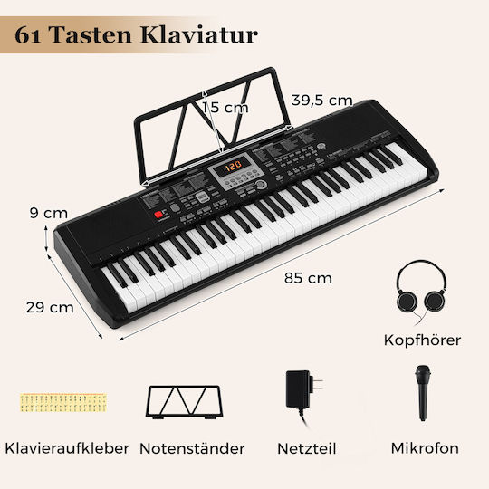 Costway Tastatur MU10137DE-DK mit 61 Tasten mit Kopfhörer Schwarz