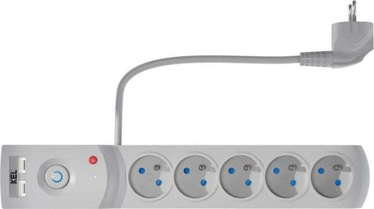 Plastrol Πολύπριζο Aσφαλείας 5 Θέσεων με 2 USB-A και Καλώδιο 5m Γκρι