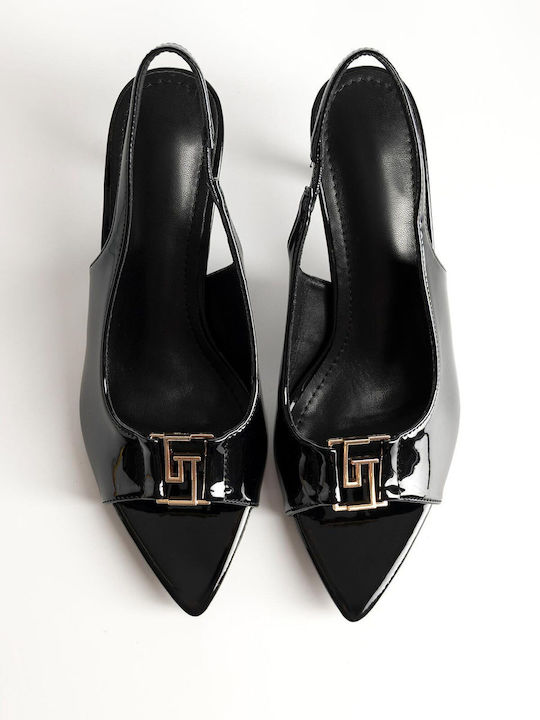 Bozikis Peep Toe Γόβες από Λουστρίνι με Λεπτό Μεσαίο Τακούνι Μαύρες