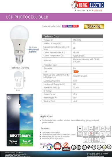 Horoz Electric LED Bulb 10W for Socket E27 Natural White 1032lm with Photocell