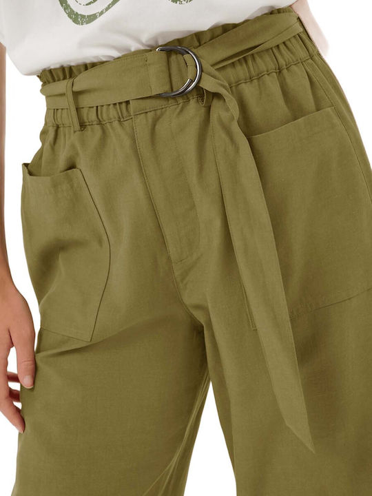 Damen Hoch tailliert Stoff Hose mit Gummizug Olive