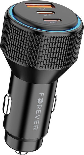 Forever Încărcător Auto 66W Încărcare Rapidă cu Porturi: 1xUSB 2xType-C Negru Culoare